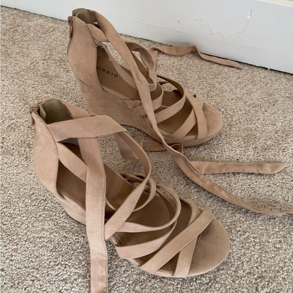 Tan suede wrap up wedges